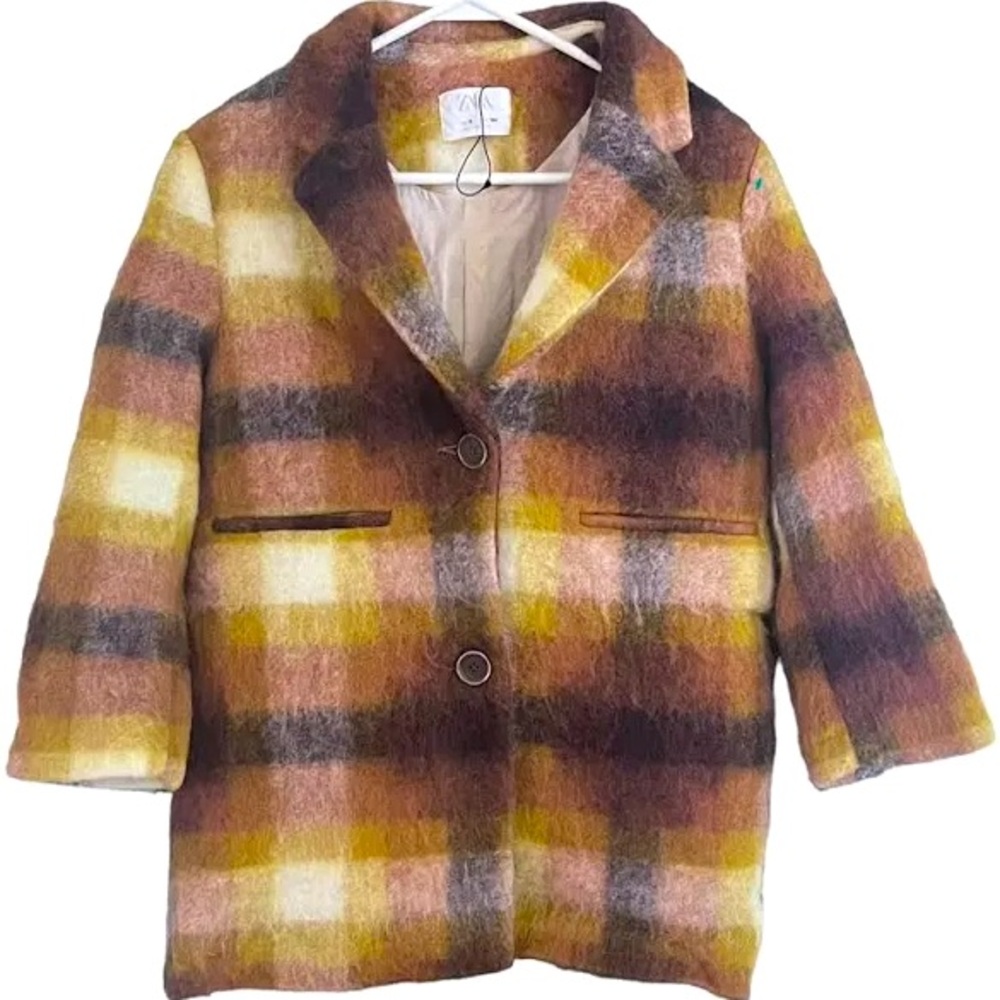 ZARA Kids PLAID JACKET Wool Blend Sz 13-14 Dress Coat Yellow Brown